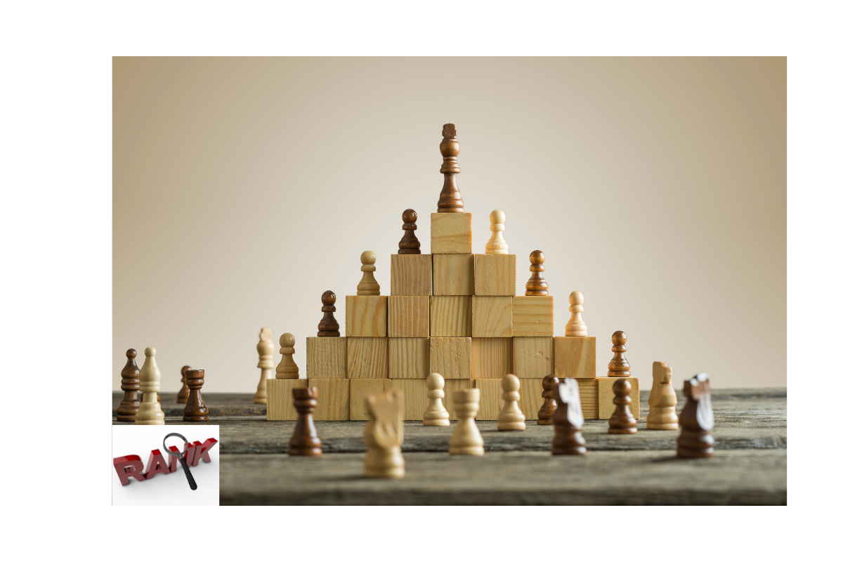 Chess pieces arranged in a pyramid.